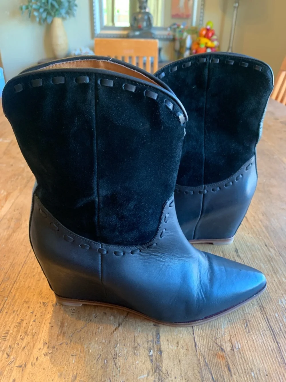 Martha Jones Women’s Black Two-Texture Wedge Ankle Booties